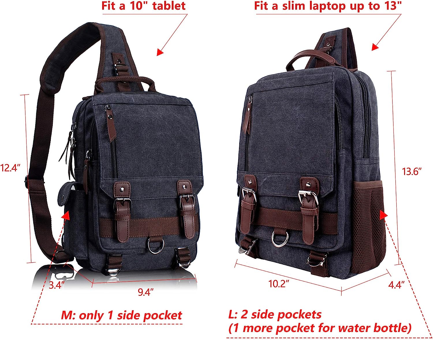 Leaper Canvas Messenger Bag Sling Bag Cross Body Bag Shoulder Bag Black, L - Image 3